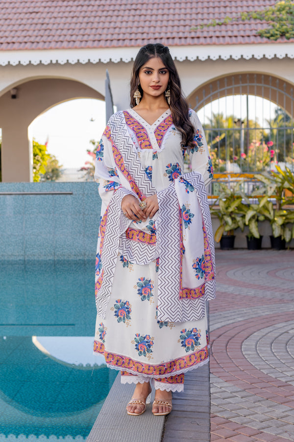Women's Traditional White Floral Embroidered Suit