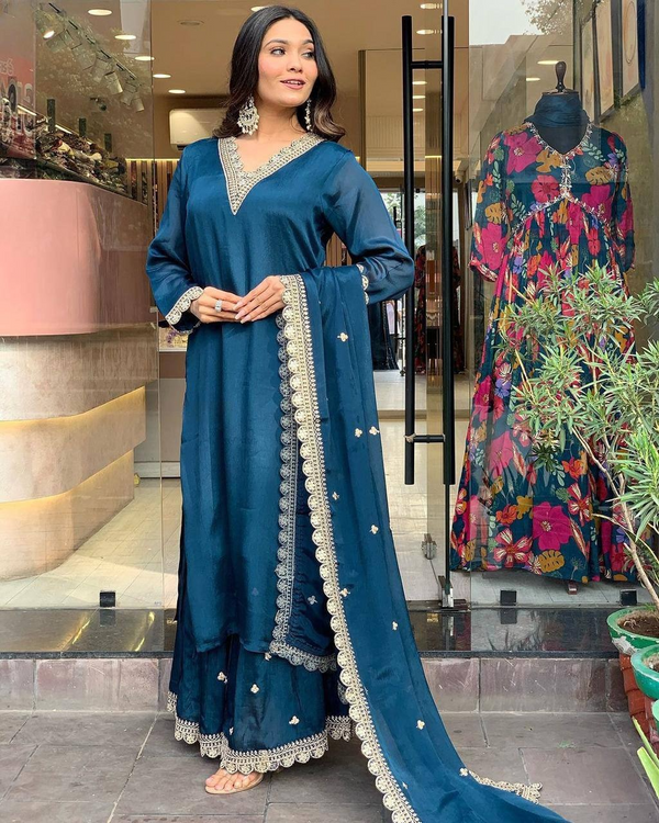 "Teal Blue Silk Suit with Intricate Lace Detailing & Dupatta – Graceful Ethnic Ensemble"