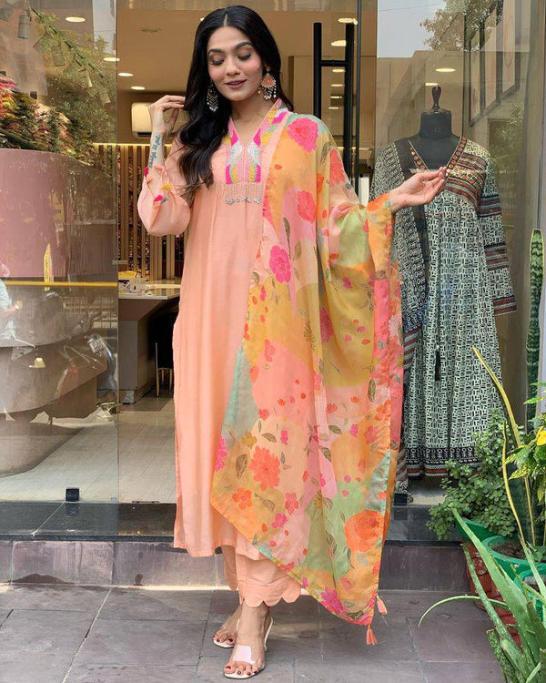 pitch color suit set with floral dupatta