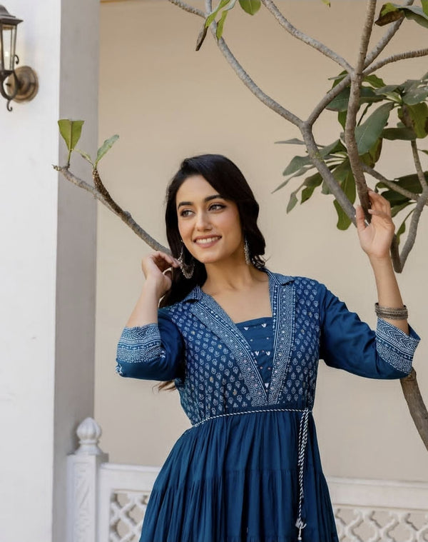 ROYAL BLUE BLOCK PRINT MAL COTTON GOWN