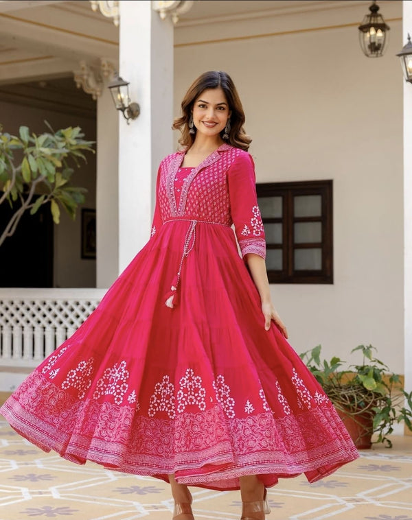 RED BLOCK PRINT MAL COTTON GOWN