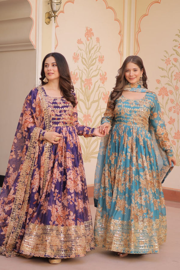 Russian Silk Rich Gown with dupatta Digital Print With Embroidered Sequins Work