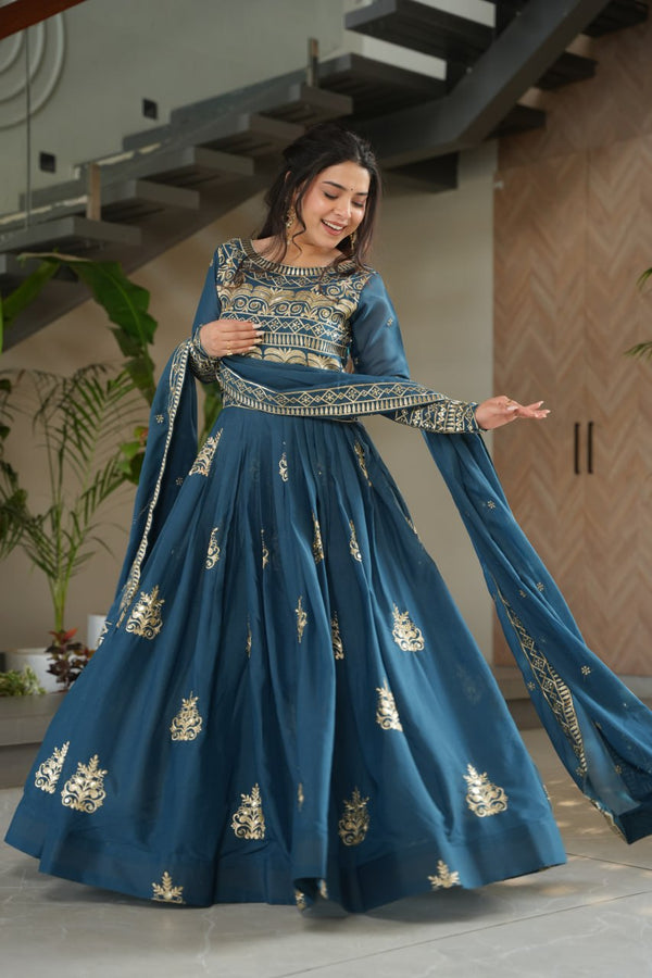 Rama color gown with Sequins-Multi And Embroidered Work with dupatta
