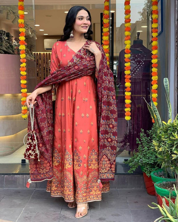 "Elegant Rust Anarkali Set with Maroon Dupatta